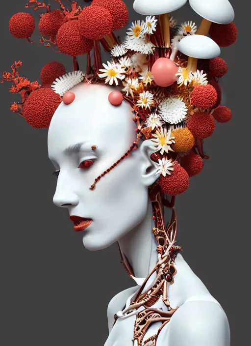 Prompt: biomechanical beautiful woman portrait with a smooth porcelain ivory profile face, futuristic haute couture, iris van herpin, headdress made of daisies, colorful puffballs, mushrooms, sponge corals, red rhizomorphs, metallic brackets, laser cut paper lace collar, octane highly render, 8 k, rim light