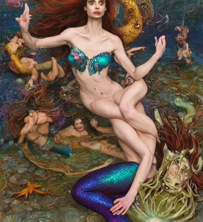 Prompt: a portrait photograph of a meditating fierce krysten ritter as a colorful mermaid super hero with scaled skin. she has many skin grafts and cyborg body modifications. by donato giancola, hans holbein, walton ford, gaston bussiere, peter mohrbacher and brian froud. 8 k, cgsociety