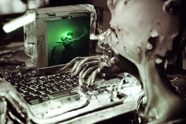 Image similar to alien using a computer submerged in translucent goo, in 1 9 8 5, y 2 k cybercore, industrial low - light photography, in the style of tyler mitchell