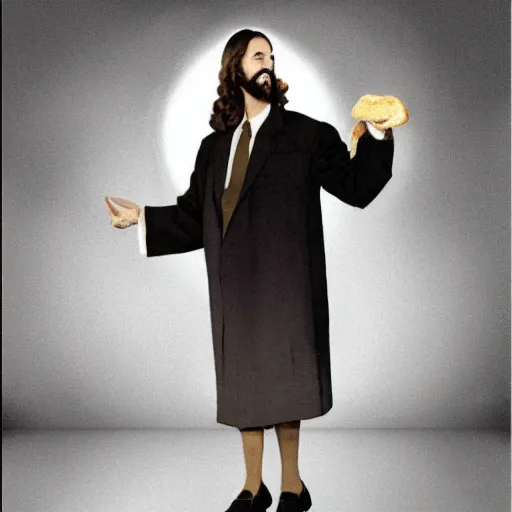 Prompt: jesus dressed as a 1 9 5 0 s advertising executive holding bread and fish