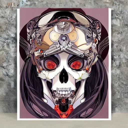 Prompt: anime manga skull portrait girl female robot cyborg mecha skeleton illustration detailed style by Alphonse Mucha pop art nouveau