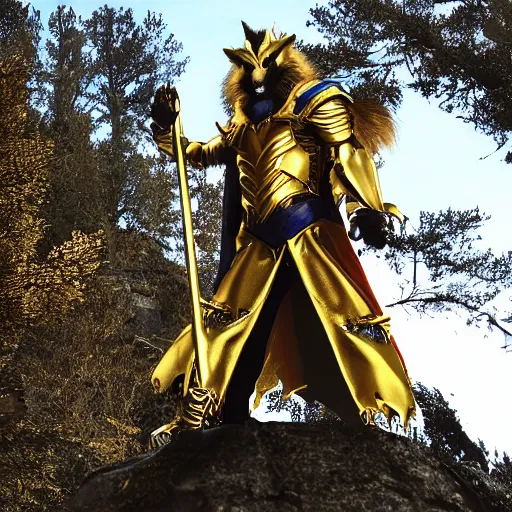 Image similar to werewolf king, in golden heavy platemail armor, with a long flowing blue cape, standing on castle balcony, the castle is amidst a sprawling forest with an oceanside cliff on one side, realistic, 8k