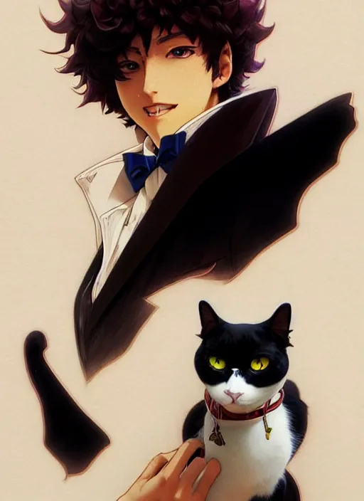 Image similar to ein from cowboy bebop playing with a tuxedo cat, intricate, elegant, hyper detailed, ultra definition, photoreal, artstation, unreal engine rendered, concept art, smooth, sharp focus, illustration, art by artgerm and greg rutkowski and alphonse mucha and garis edelweiss