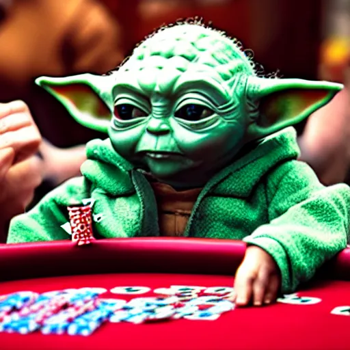 Image similar to baby yoda in a casino playing poker