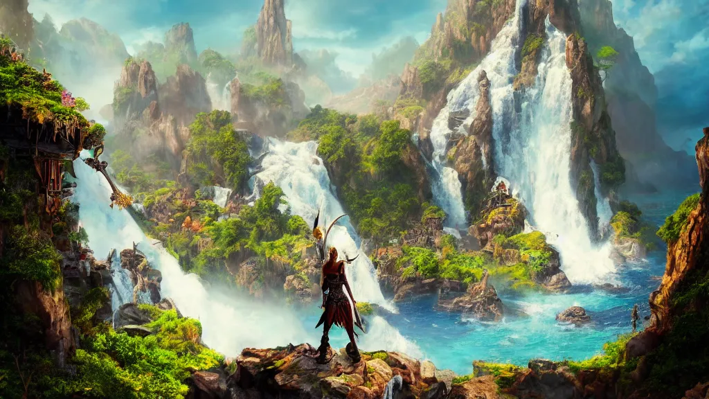 Image similar to A Fantasy Warrior, standing on a cliffside, beside a beautiful colourful waterfall, over looking a large Fantasy city in the middle of the ocean, trending artstation, 8k, highly detailed, matte painting, concept art, over the shoulder wide shot