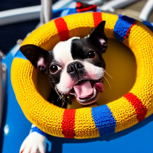 Image similar to a closeup photorealistic photograph of a cute smiling knitted boston terrier dog dressed in a life vest on a pontoon boat. professional capture, sunny shot. this 4 k hd image is trending on artstation, featured on behance, well - rendered, extra crisp, features intricate detail, epic composition and the style of unreal engine.