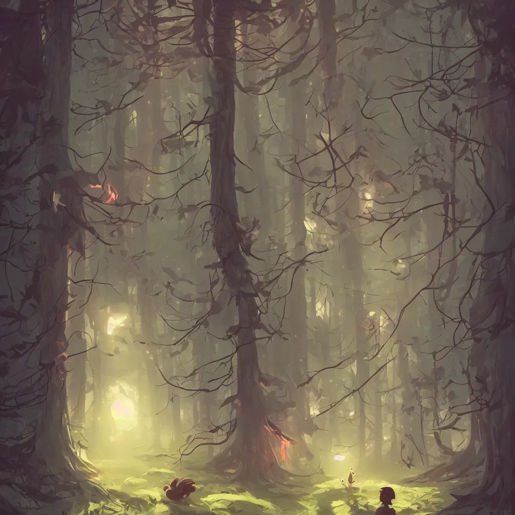 Prompt: the house in the forest, dark night, leaves in the air, fluorescent mushrooms, animals, gibli, atey ghailan, lois van baarle, jesper ejsing, many different patterns, exquisite lighting, clear focus, very coherent, very detailed, contrast, vibrant, digital painting