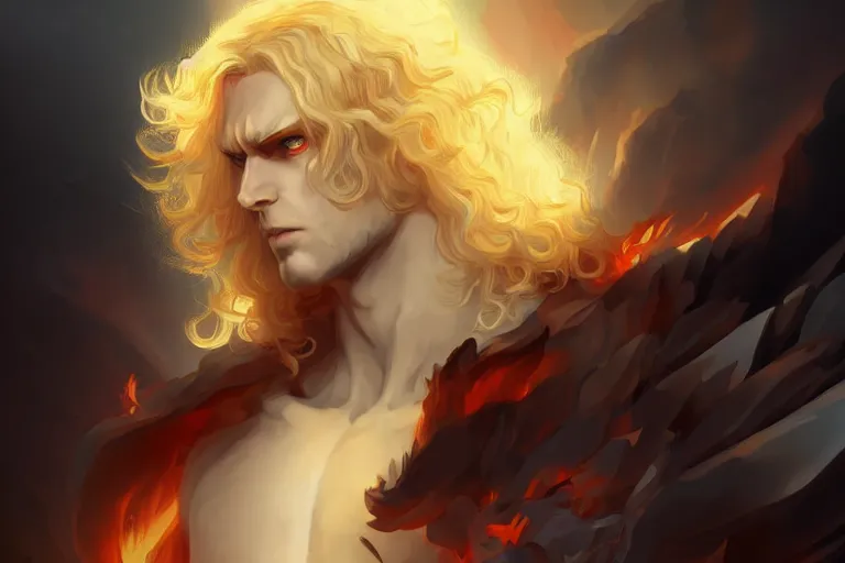 Prompt: digital art of a pale menacing Angel of Battle with fluffy blond curls of hair and piercing eyes, gilded black uniform, he commands the fiery power of resonance and wrath, by WLOP, Artstation, CGsociety