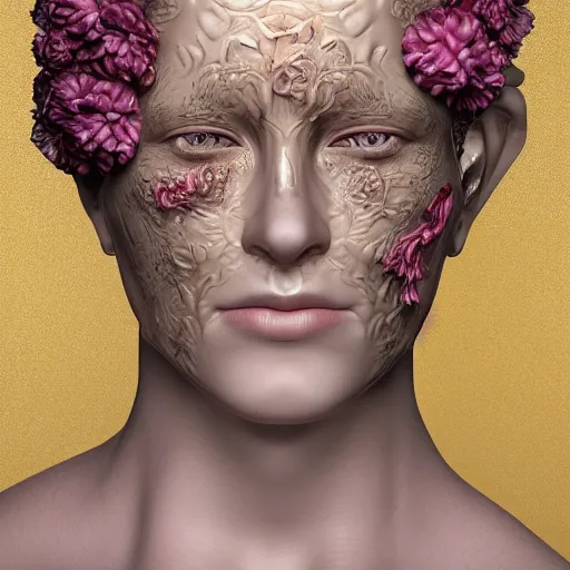 Image similar to beatifull face portrait of a woman, 150 mm, anatomical, flesh, flowers, mandelbrot fractal, facial muscles, veins, arteries, intricate, golden ratio, full frame, microscopic, elegant, highly detailed, ornate, ornament, sculpture, elegant , luxury, beautifully lit, ray trace, unreal, 3d, PBR, in the style of peter Gric , alex grey and Romero Ressendi