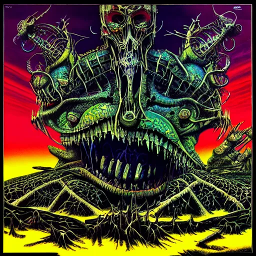 Prompt: thrash metal album cover in the style of roger dean, realistic, sharp focus, 8k high definition, insanely detailed, intricate, elegant, art by philippe druillet and virgil finlay