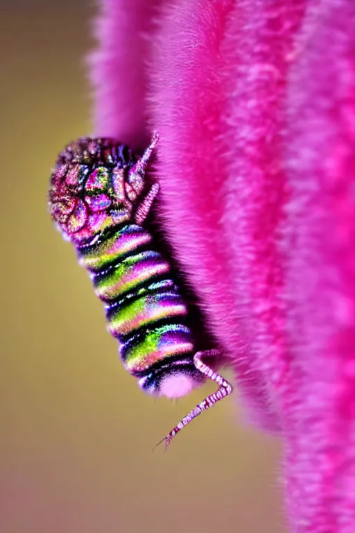 Image similar to high quality close-up photo pearlescent fluffy caterpillar! gorgeous highly detailed hannah yata elson peter cinematic pink lighting high quality low angle hd 8k sharp shallow depth of field