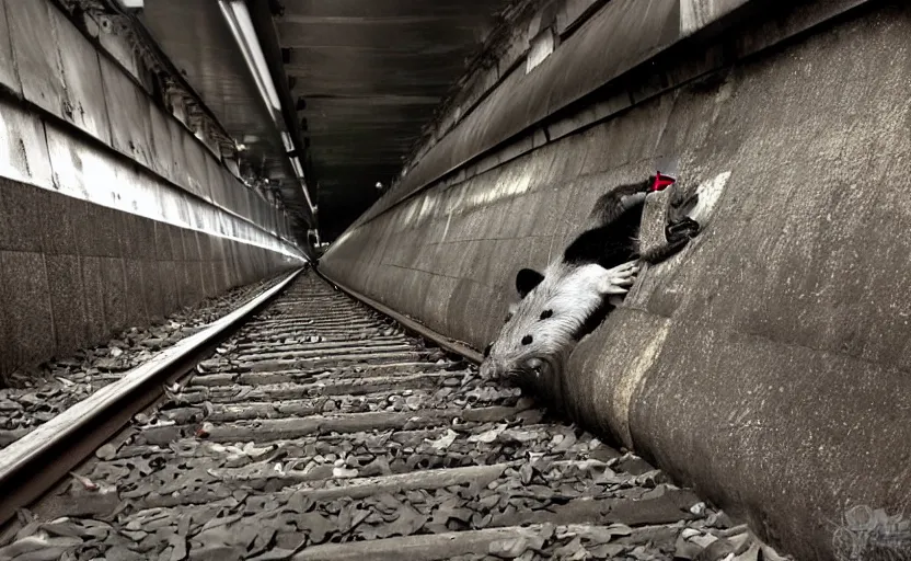 Image similar to giant mutant antropomorphic rat sitting on railways of tonnel of moscow subway. extreme high detail. photo by russos. dark and fear atmosphere.