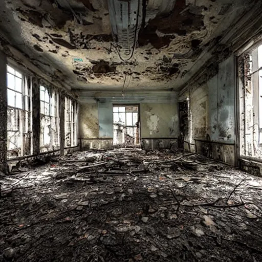 Image similar to the inside of an abandoned hospital, skeleton heads on the floor of the ruined hospital, realistic lighting