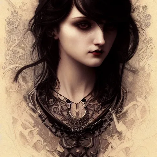 Image similar to portrait of a sad goth girl with tattoo, intricate, elegant, highly detailed, digital painting, artstation, concept art, smooth, sharp focus, illustration, art by artgerm and greg rutkowski and alphonse mucha and william - adolphe bouguereau