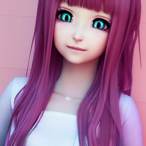 Image similar to Render of Nikki from Shining Nikki Dress-Up Game, a cute 3D anime young woman, long light pink hair, full bangs, full round face, hazel amber eyes, pale skin, Chinese heritage, smiling softly, wearing casual clothing, medium shot, mid-shot, comfortable mood, hyperdetailed, trending on Artstation, Unreal Engine 4k