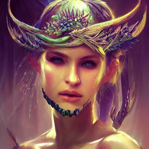 Prompt: character concept art, portrait of fantasy female warrior, beautiful facem shining eyes, crystals, covered in plants, realistic oil painting, dramatic, cinematic light, trending on artstation, highly detailed