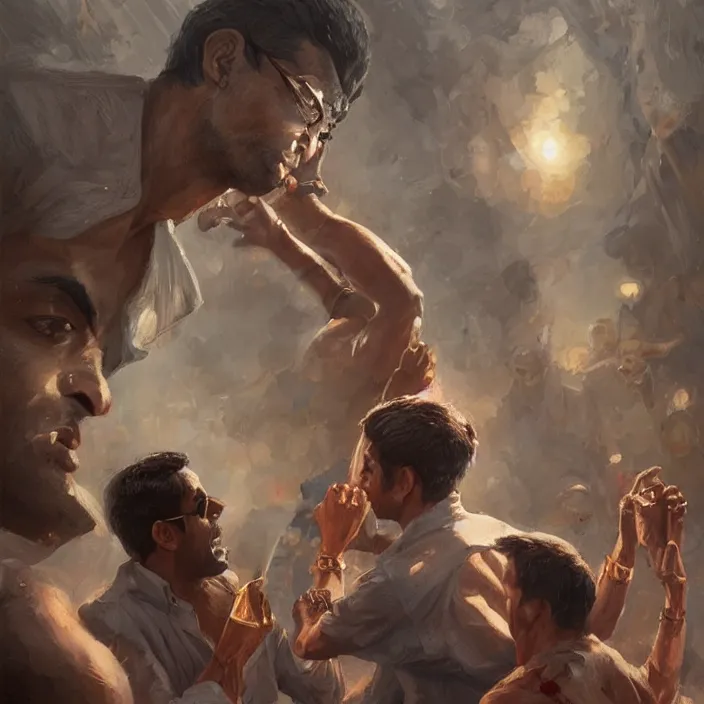 Image similar to portrait of tall indian man punching a short white man outside a bar, elegant, real life skin, intricate artwork, high detailed, artstation, concept art, smooth, sharpz focus, art by artgerm and greg rutkowski