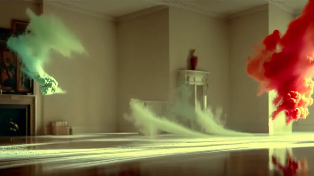 Image similar to colored powder explosion in the living room, film still from the movie directed by Denis Villeneuve with art direction by Salvador Dalí, wide lens