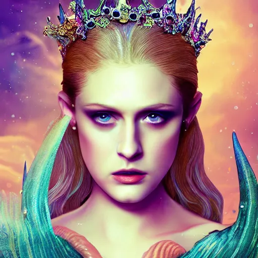 Image similar to evan rachel wood portrait, fantasy, mermaid, hyperrealistic, game character, underwater, highly detailed, sharp focus, cinematic lighting, pearls, glowing hair, shells, gills, crown, water, highlights, starfish, jewelry, realistic, digital art, pastel, magic, fiction, ocean, king, colorful hair, sparkly eyes, fish, heroic, goddess, waves, bubbles, queen