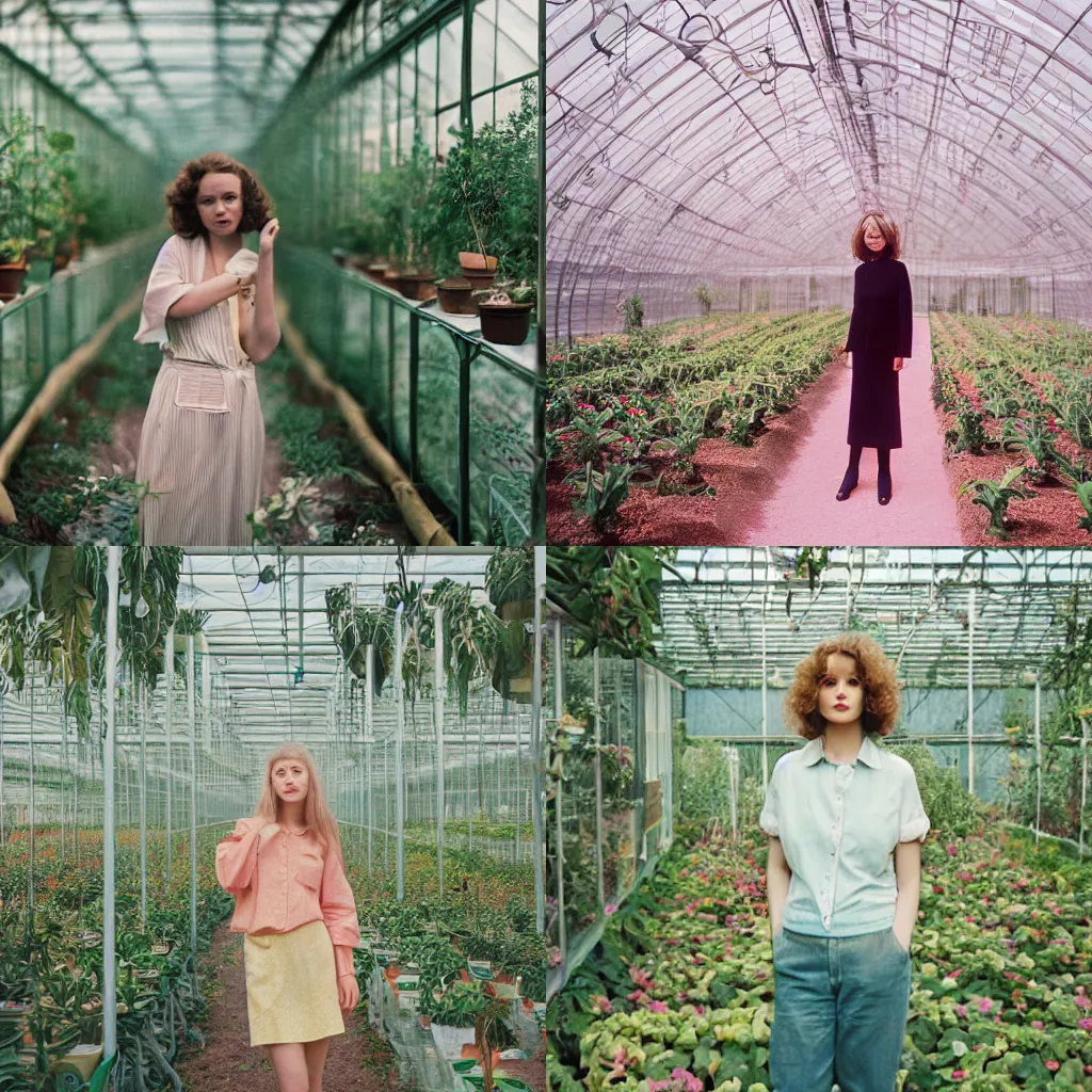 Prompt: portrait photograph of a woman inside a greenhouse by nina masic. pastel colors. Portra 400 film. Mamiya 7. highly detailed