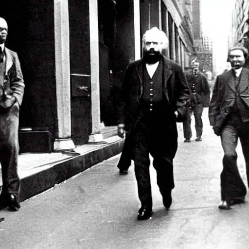 Prompt: a photograph of Karl Marx walking down wall street in New York