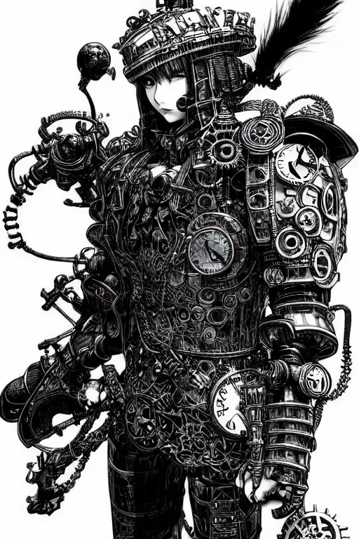 Image similar to a vertical portrait of a character by yoshitaka amano and nihei tsutomu, black and white, dreamy, steampunk armor, highly detailed