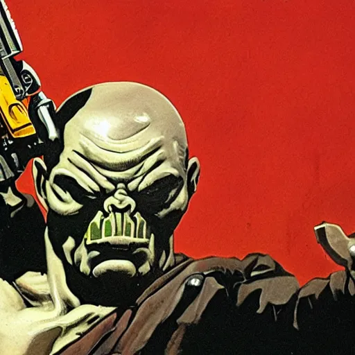 Image similar to Charles Bronson as the Doom slayer, action shot