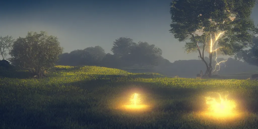 Image similar to a serene landscape with a powerful ( goddess ) of life in the middle, volumetric illumination, octane render, cinematic lightning, 8 k