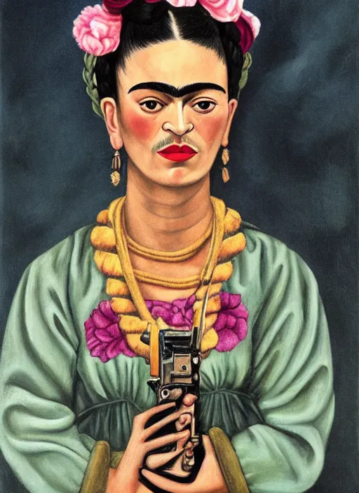 Prompt: frida kahlo as a six shooter cowboy