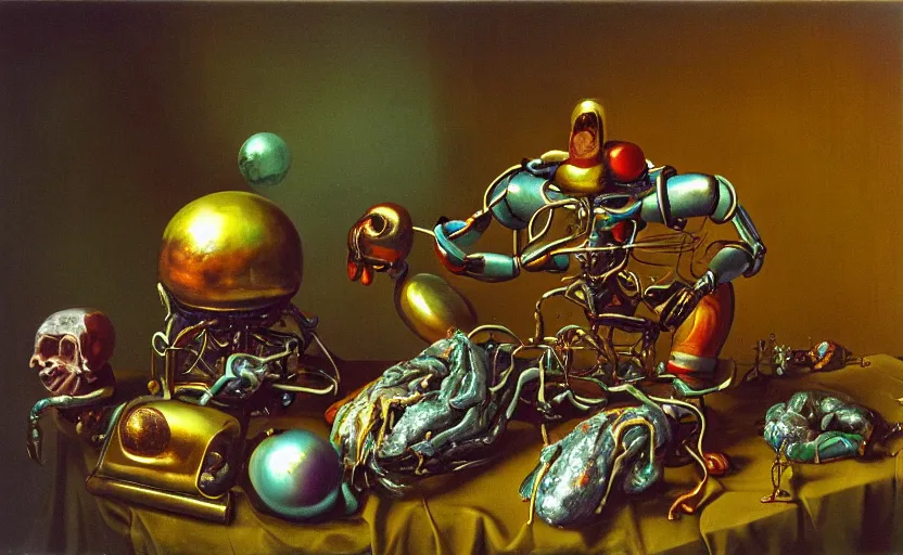 Image similar to strange robot body, disturbing colorful oil painting dutch golden age vanitas still life sparse composition with bizarre objects strange gooey transparent surfaces shiny metal reflections bizarre mutant meat insects rachel ruysch dali todd schorr very detailed perfect composition rule of thirds masterpiece canon 5 0 mm, cinematic lighting, photography, retro, film, kodachrome