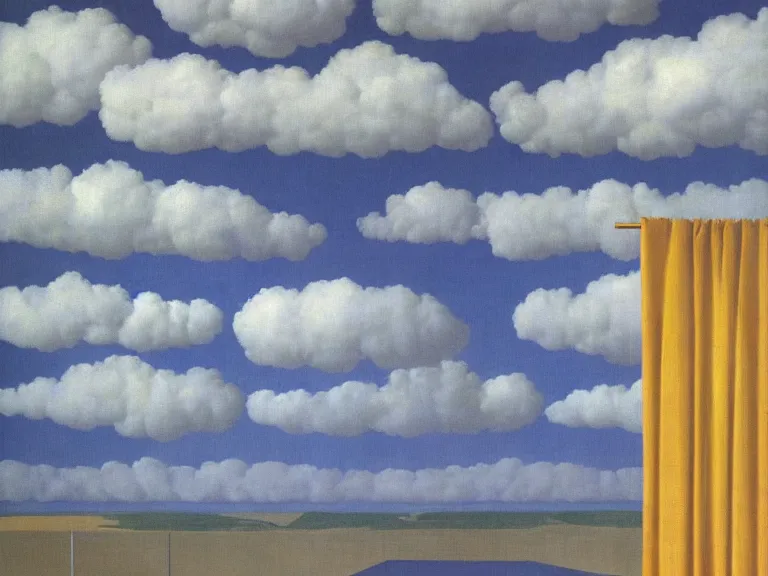 Image similar to clouds painted on curtains , painting by rene magritte, centered, high detail, high resolution