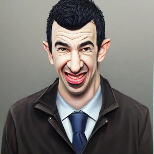 Image similar to hyper realistic portrait of a 3 d caricature of nathan fielder making absurd faces, painted by greg rutokowski, artgerm