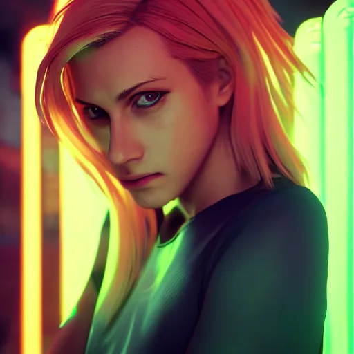 Prompt: Annie Leonhart in a neon city, octane render 8k, photorealistic render, atmospheric render, beautiful face, glare