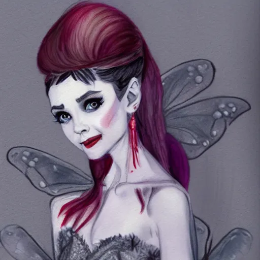 Prompt: an adorable vampire fairy inspired by audrey hepburn and kristen ritter, 8 k resolution whimsical watercolor pencil drawing, deviantart artstation