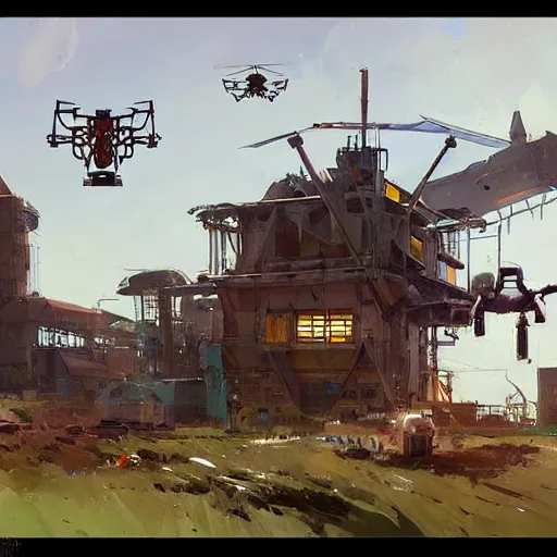 Prompt: dieselpunk concept art of a modest farm with drones and mechas working on it, grimy, gritty, dieselpunk trending on artstation, award winning painting, cgi, art by john berkey and anton fadeev and john howe and simon stalenhag