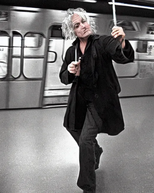 Image similar to movie villain, actor david patrick kelly practicing with his brightly glowing nunchucks while riding a subway train, movie dreamscape