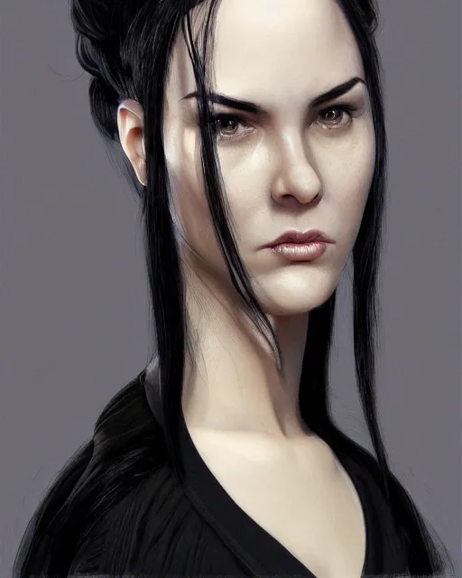 Image similar to portrait of a tall 4 0 - year - old woman with thin lips, long, lush black hair gathered on the head bun, and thick eyebrows, haughty facial expression, wearing in black clothes, aristocratic appearance, hyper realistic face, beautiful eyes, character art, art by mark brooks, hyperdetailed, cryengine, trending on artstation, digital art