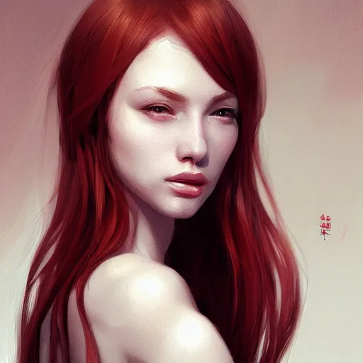 Prompt: Portrait of a red haired woman, painted by wlop, elegant, digital painting, highly detailed, fantasy, artstation, concept art, smooth, sharp focus, illustration