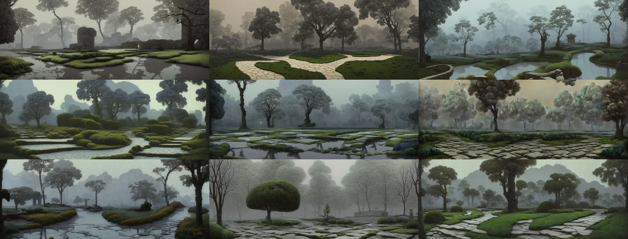 Prompt: a gorgeous bleak spring landscape painting by barlowe wayne maxfield parrish and marco mazzoni. traditional huizhou architecture near the river!! rainy mood. grey blue and very little light verdancy. wet winding stone steps. ultra clear detailed. 3 d, octane render. fog, 8 k