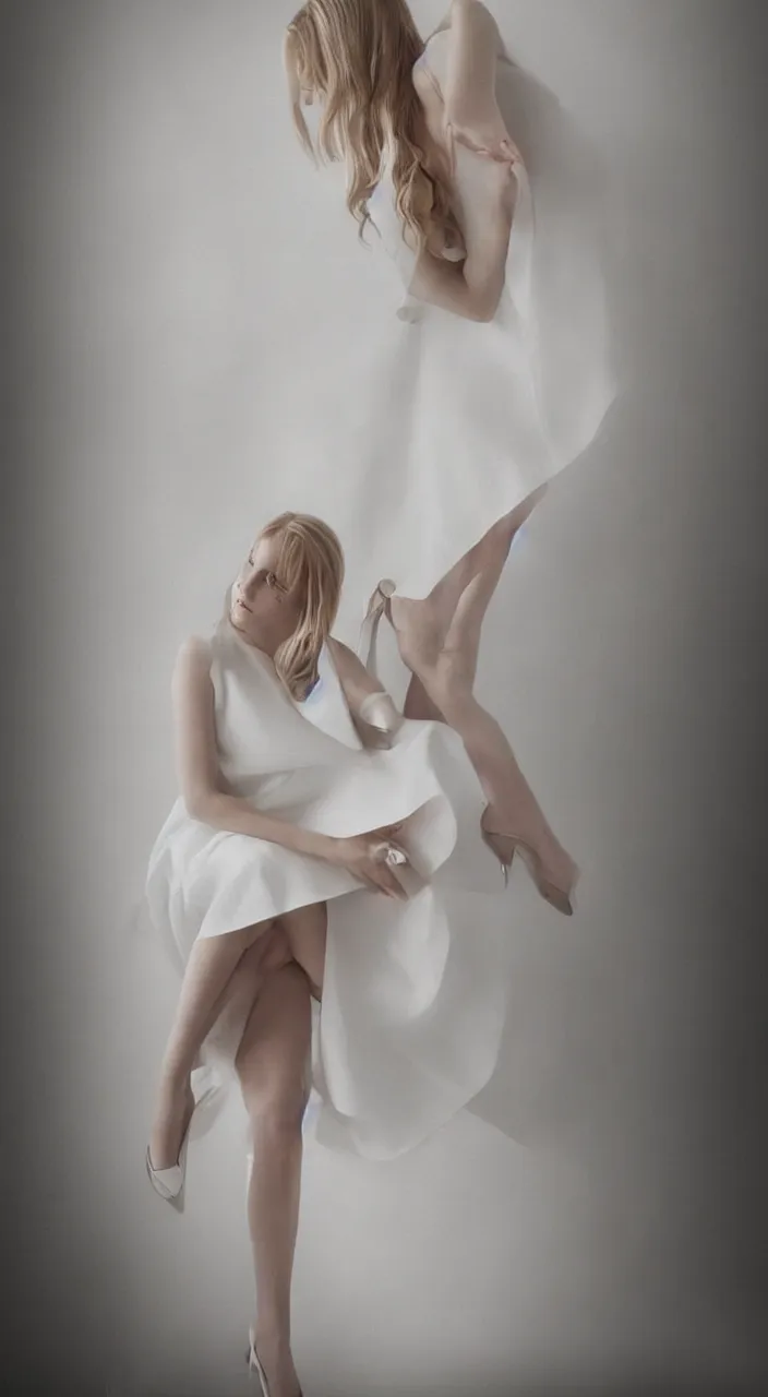 Image similar to cute annie leonhart in open toe heels in a white dress in a white room, beautiful face, pale skin, rule of thirds, cinematic lighting, rainy weather, melancholy atmosphere, sharp focus, backlit, stunning, model agency, smooth, hard focus, full body shot, instagram photo, shot on sony a 7 iii, hyper realistic,