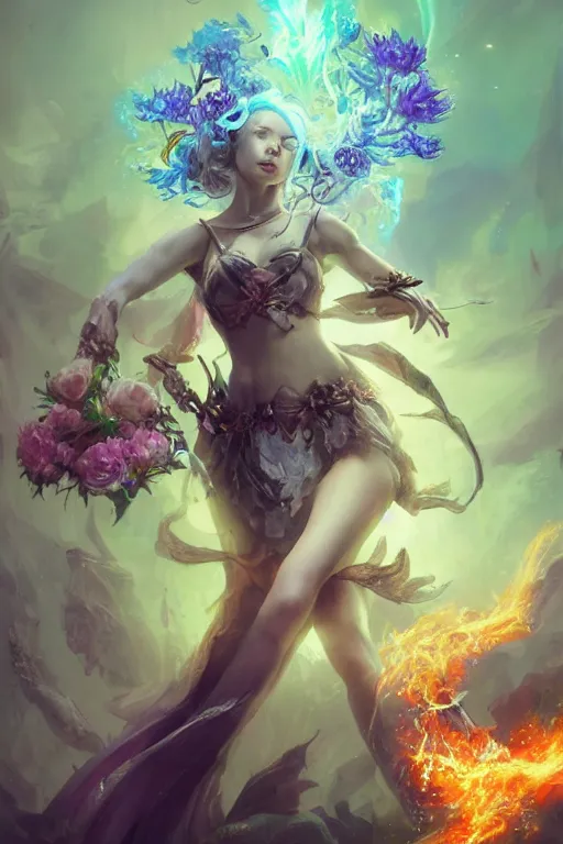 Image similar to beautiful girl necromancer, magical fairy exploding into flowers, angels, 3 d render, hyper - realistic detailed portrait, holding fire and electricity rainbow, ruan jia, wlop. scifi, fantasy, magic the gathering, hyper detailed, octane render, concept art, peter mohrbacher