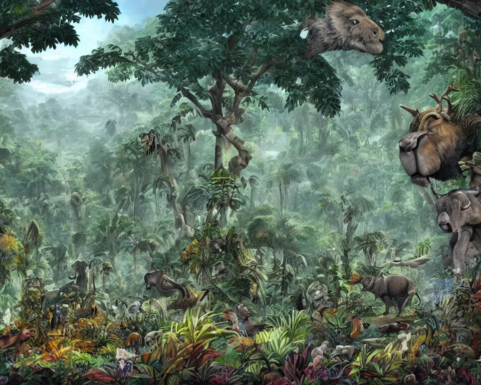 Image similar to the beastlands, megafauna, jungle landscape