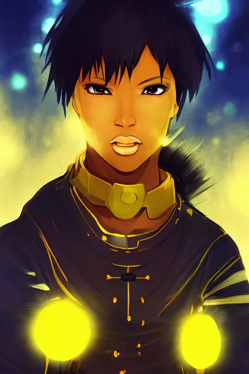 Prompt: glowing black male anime character, short golden hair, yellow eyes, symmetrical, highly detailed, digital art, sharp focus, trending on art station, samurai, electricity superpowers, anime art style