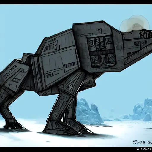 Image similar to a fusion between the tarrasque and an AT-AT, flat grey color, completely metal, imperial symbol, walking across ice planet, firing laser, concept art