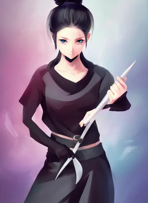 Image similar to portrait of a beautiful anime ninja girl with black ponytail, holding a kunai, digital painting, trending on artstation, deviantart, artgem, perfect composition, ross draws, wlop