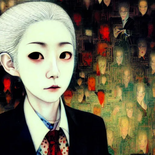 Prompt: yoshitaka amano blurred and dreamy realistic portrait of a woman with white hair and black eyes wearing office suit with tie, junji ito abstract patterns in the background, satoshi kon anime, noisy film grain effect, highly detailed, renaissance oil painting, weird portrait angle, blurred lost edges, three quarter view