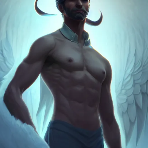 Image similar to Lucifer as an attractive man, 4k digital character design by Artgerm, WLOP, beeple, Hi-Fructose, James Jean, Andrei Riabovitchev, Marc Simonetti, yoshitaka Amano, Artstation, CGsociety