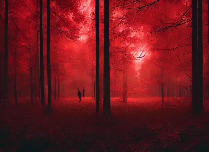 Prompt: red forest liminal space, night, artgerm, rutkowski, tooth wu, beeple, and intricate