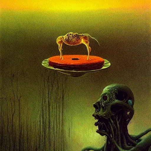 Image similar to aspic on plate, painting by beksinski, bernie wrightson, trending on artstation, horror film, creepypasta