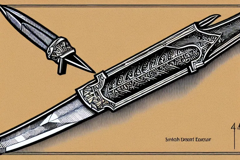 Image similar to schematic diagram of a dagger, ultra detailed, 4 k, weapon design, intricate, encyclopedia illustration